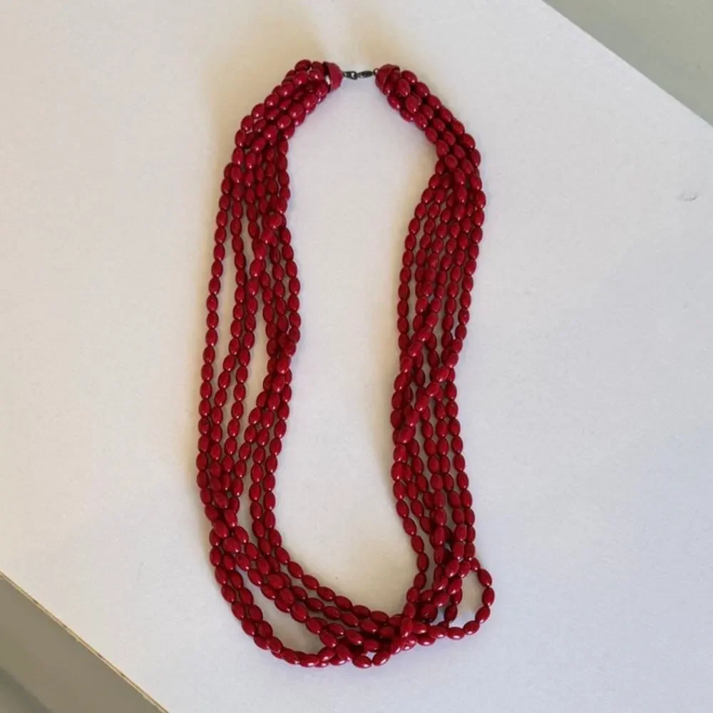 Vintage Red Black Speckled Multi Strand Long Fused Acrylic Beaded Necklace artsy